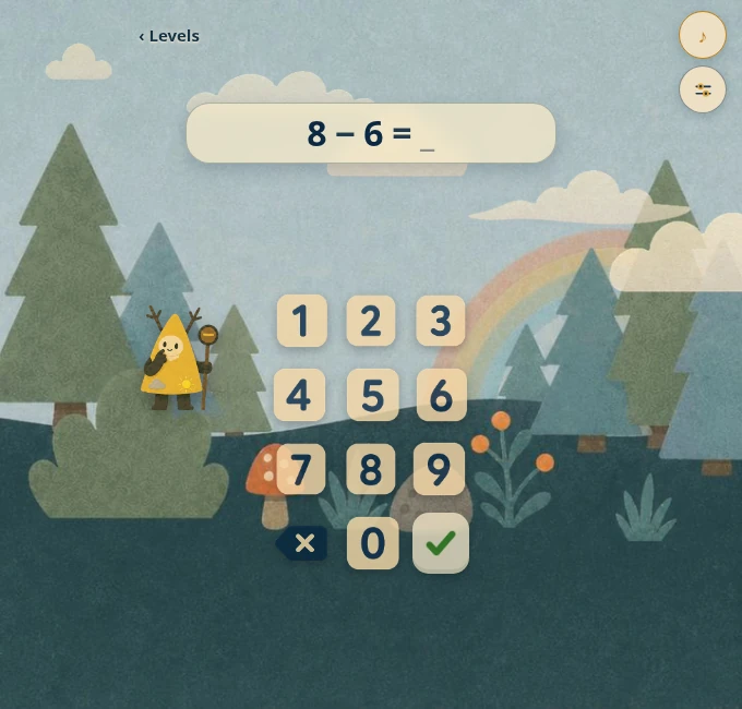 Subtraction practice in the daytime forest, with a yellow-hatted guide and cream number keys.