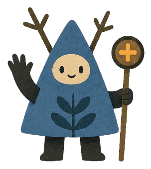 The friendly blue-hatted forest guide from Quiet Forest Numbers, holding a golden plus staff.