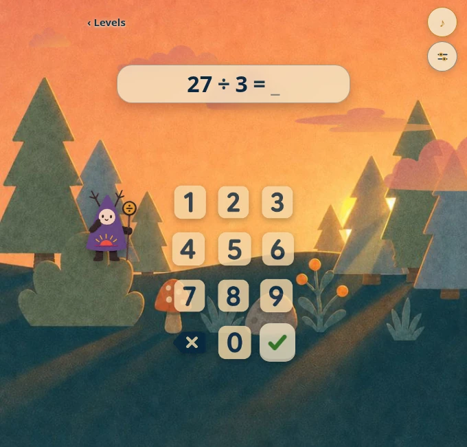Division practice in the warm sunset forest, with a purple-hatted guide and cream number keys.